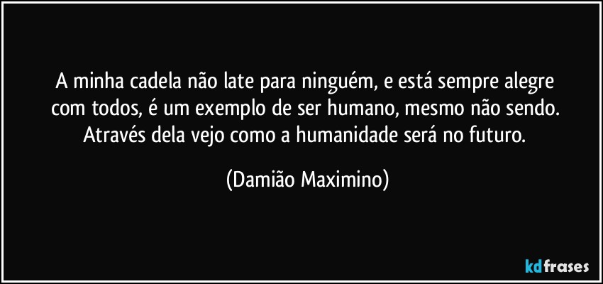 A minha cadela não late para ninguém, e está sempre alegre 
com todos, é um exemplo de ser humano, mesmo não sendo. 
Através dela vejo como a humanidade será no futuro. (Damião Maximino)