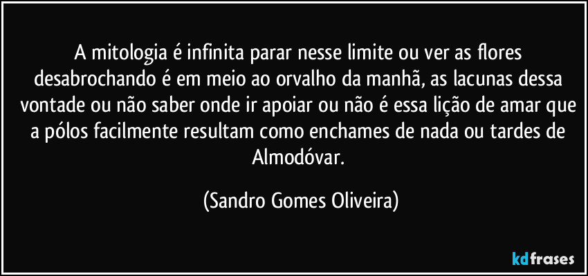 A mitologia é infinita parar nesse limite ou ver as flores desabrochando é em meio ao orvalho da manhã, as lacunas dessa vontade ou não saber onde ir apoiar ou não é essa lição de amar que a pólos facilmente resultam como enchames de nada ou tardes de Almodóvar. (Sandro Gomes Oliveira)