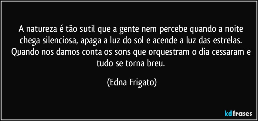 A natureza é tão sutil que a gente nem percebe quando a noite chega silenciosa, apaga a luz do sol e acende a luz das estrelas. Quando nos damos conta os sons que orquestram o dia cessaram e tudo se torna breu. (Edna Frigato)