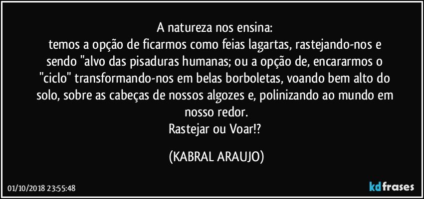 A natureza nos ensina: 
temos a opção de ficarmos como feias lagartas, rastejando-nos e sendo "alvo das pisaduras humanas; ou a opção de, encararmos o "ciclo" transformando-nos em belas borboletas, voando bem alto do solo, sobre as cabeças de nossos algozes e, polinizando ao mundo em nosso redor.
Rastejar ou Voar!? (KABRAL ARAUJO)