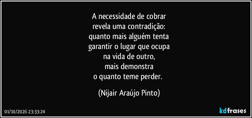 A necessidade de cobrar
revela uma contradição:
quanto mais alguém tenta
garantir o lugar que ocupa
na vida de outro,
mais demonstra
o quanto teme perder. (Nijair Araújo Pinto)