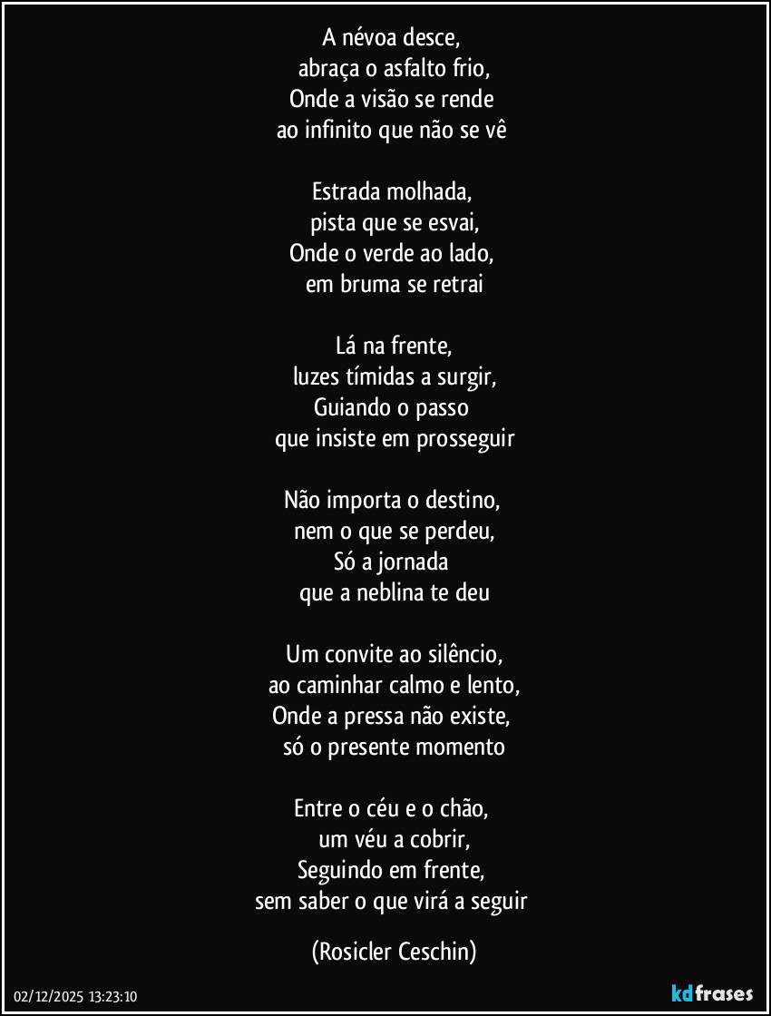 A névoa desce, 
abraça o asfalto frio,
Onde a visão se rende 
ao infinito que não se vê 

Estrada molhada, 
pista que se esvai,
Onde o verde ao lado, 
em bruma se retrai

​Lá na frente, 
luzes tímidas a surgir,
Guiando o passo 
que insiste em prosseguir

Não importa o destino, 
nem o que se perdeu,
Só a jornada 
que a neblina te deu

​Um convite ao silêncio, 
ao caminhar calmo e lento,
Onde a pressa não existe, 
só o presente momento

Entre o céu e o chão, 
um véu a cobrir,
Seguindo em frente, 
sem saber o que virá a seguir (Rosicler Ceschin)
