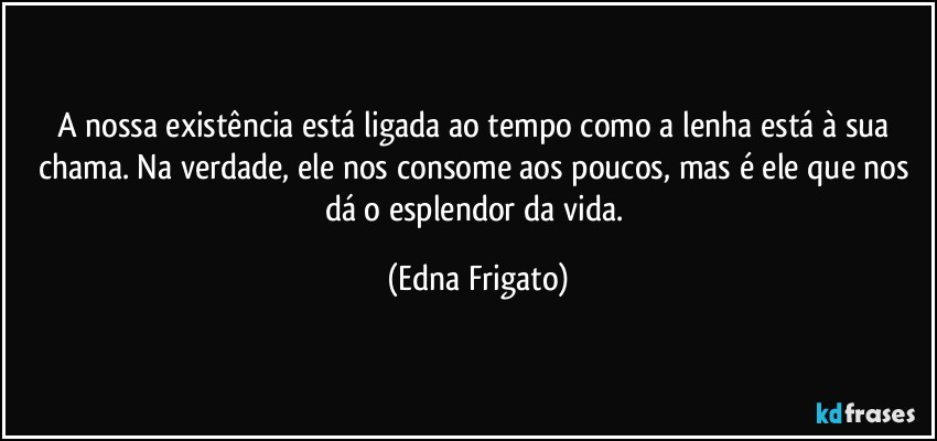 A nossa existência está ligada ao tempo como a lenha está à sua chama. Na verdade, ele nos consome aos poucos, mas é ele que nos dá o esplendor da vida. (Edna Frigato)