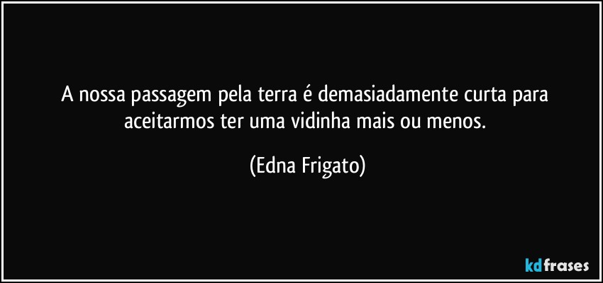 A nossa passagem pela terra é demasiadamente curta para aceitarmos ter uma vidinha mais ou menos. (Edna Frigato)