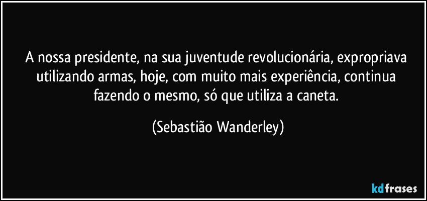 A nossa presidente, na sua juventude revolucionária, expropriava utilizando armas, hoje, com muito mais experiência, continua fazendo o mesmo, só que utiliza a caneta. (Sebastião Wanderley)