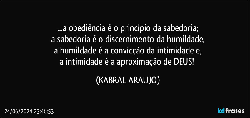 ...a obediência é o princípio da sabedoria;
a sabedoria é o discernimento da humildade,
a humildade é a convicção da intimidade e,
a intimidade é a aproximação de DEUS! (KABRAL ARAUJO)