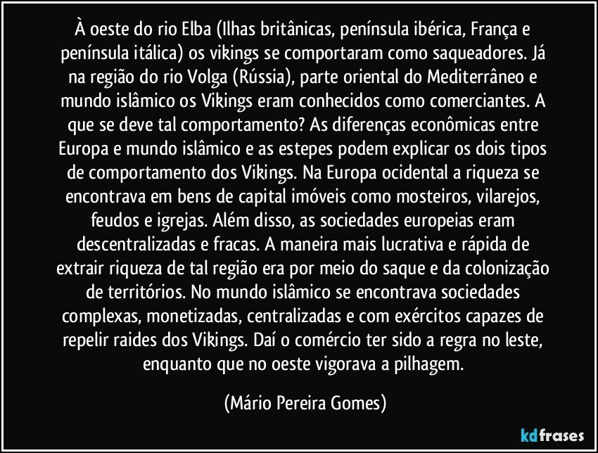 À oeste do rio Elba (Ilhas britânicas, península ibérica, França e península itálica) os vikings se comportaram como saqueadores. Já na região do rio Volga (Rússia), parte oriental do Mediterrâneo e mundo islâmico os Vikings eram conhecidos como comerciantes. A que se deve tal comportamento? As diferenças econômicas entre Europa e mundo islâmico e as estepes podem explicar os dois tipos de comportamento dos Vikings. Na Europa ocidental a riqueza se encontrava em bens de capital imóveis como mosteiros, vilarejos, feudos e igrejas. Além disso, as sociedades europeias eram descentralizadas e fracas. A maneira mais lucrativa e rápida de extrair riqueza de tal região era por meio do saque e da colonização de territórios. No mundo islâmico se encontrava sociedades complexas, monetizadas, centralizadas e com exércitos capazes de repelir raides dos Vikings. Daí o comércio ter sido a regra no leste, enquanto que no oeste vigorava a pilhagem. (Mário Pereira Gomes)