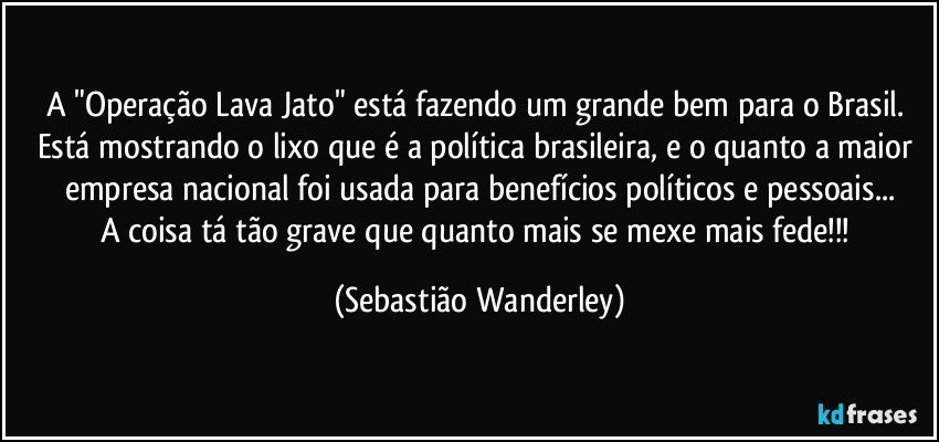 A "Operação Lava Jato" está fazendo um grande bem para o Brasil. Está mostrando o lixo que é a política brasileira, e o quanto a maior empresa nacional foi usada para benefícios políticos e pessoais...
A coisa tá tão grave que quanto mais se mexe mais fede!!! (Sebastião Wanderley)