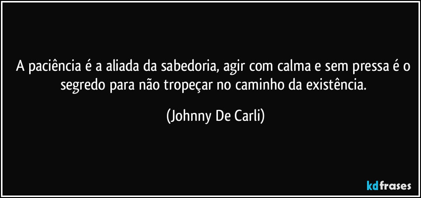 A paciência é a aliada da sabedoria, agir com calma e sem pressa é o segredo para não tropeçar no caminho da existência. (Johnny De Carli)