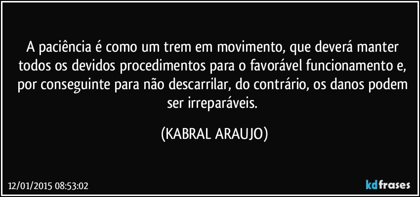 A paciência é como um trem em movimento, que deverá manter todos os devidos procedimentos para o favorável funcionamento e, por conseguinte para não descarrilar, do contrário, os danos podem ser irreparáveis. (KABRAL ARAUJO)