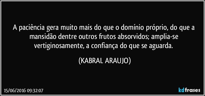 A paciência gera muito mais do que o domínio próprio, do que a mansidão dentre outros frutos absorvidos; amplia-se vertiginosamente, a confiança do que se aguarda. (KABRAL ARAUJO)