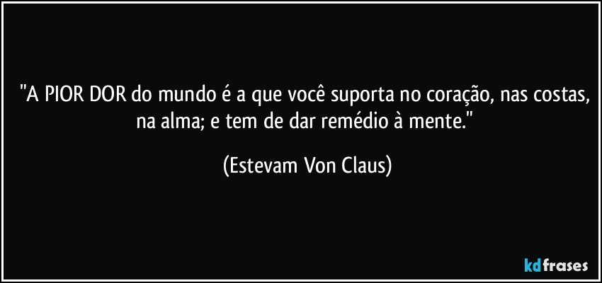 "A PIOR DOR do mundo é a que você suporta no coração, nas costas, na alma; e tem de dar remédio à mente." (Estevam Von Claus)