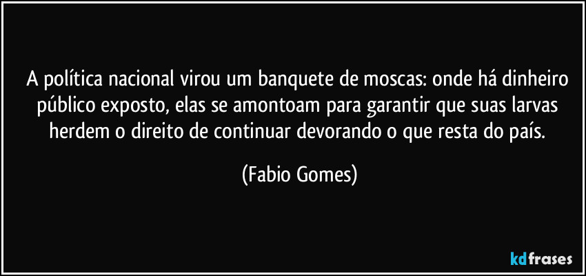 A política nacional virou um banquete de moscas: onde há dinheiro público exposto, elas se amontoam para garantir que suas larvas herdem o direito de continuar devorando o que resta do país. (Fabio Gomes)