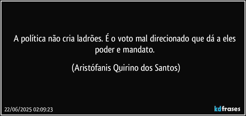 A política não cria ladrões. É o voto mal direcionado que dá a eles poder e mandato. (Aristófanis Quirino dos Santos)