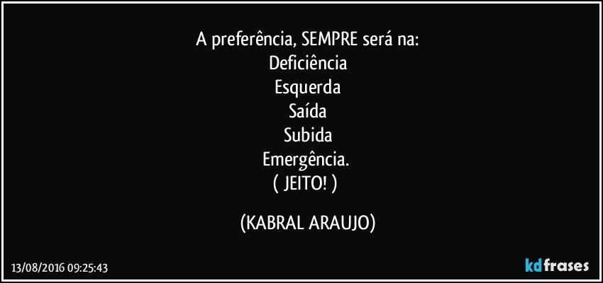 A preferência, SEMPRE será na:
Deficiência
Esquerda
Saída
Subida
Emergência. 
( JEITO! ) (KABRAL ARAUJO)