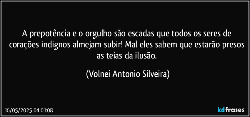 A prepotência e o orgulho são escadas que todos os seres de corações indignos almejam subir! Mal eles sabem que estarão presos as teias da ilusão. (Volnei Antonio Silveira)