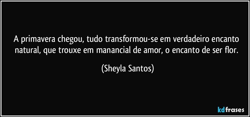 A primavera chegou, tudo transformou-se em verdadeiro encanto natural, que trouxe em manancial de amor, o encanto de ser flor. (Sheyla Santos)