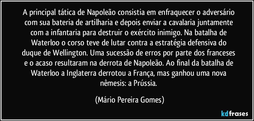 A principal tática de Napoleão consistia em enfraquecer o adversário com sua bateria de artilharia e depois enviar a cavalaria juntamente com a infantaria para destruir o exército inimigo. Na batalha de Waterloo o corso teve de lutar contra a estratégia defensiva do duque de Wellington. Uma sucessão de erros por parte dos franceses e o acaso resultaram na derrota de Napoleão. Ao final da batalha de Waterloo a Inglaterra derrotou a França, mas ganhou uma nova nêmesis: a Prússia. (Mário Pereira Gomes)