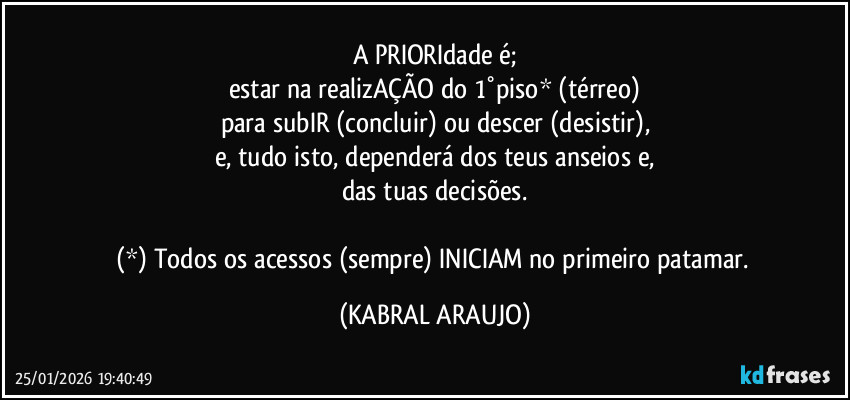 A PRIORIdade é;
estar na realizAÇÃO do 1°piso* (térreo)
para subIR (concluir) ou descer (desistir),
e, tudo isto, dependerá dos teus anseios e,
das tuas decisões.

(*) Todos os acessos (sempre) INICIAM no primeiro patamar. (KABRAL ARAUJO)