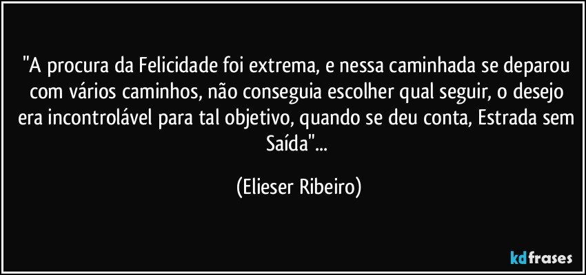 "A procura da Felicidade foi extrema, e nessa caminhada se deparou com vários caminhos, não conseguia escolher qual seguir, o desejo era incontrolável para tal objetivo, quando se deu conta, Estrada sem Saída"... (Elieser Ribeiro)