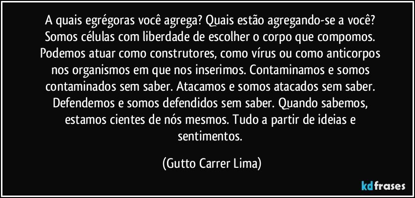 A quais egrégoras você agrega? Quais estão agregando-se a você? Somos células com liberdade de escolher o corpo que compomos. Podemos atuar como construtores, como vírus ou como anticorpos nos organismos em que nos inserimos. Contaminamos e somos contaminados sem saber. Atacamos e somos atacados sem saber. Defendemos e somos defendidos sem saber. Quando sabemos, estamos cientes de nós mesmos. Tudo a partir de ideias e sentimentos. (Gutto Carrer Lima)