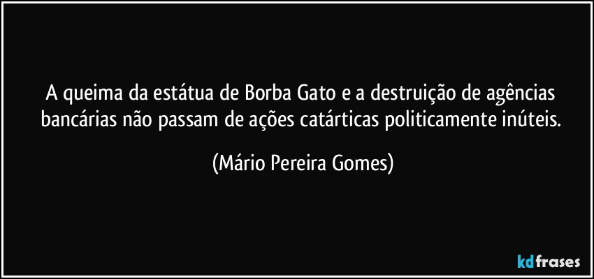 A queima da estátua de Borba Gato e a destruição de agências bancárias não passam de ações catárticas politicamente inúteis. (Mário Pereira Gomes)