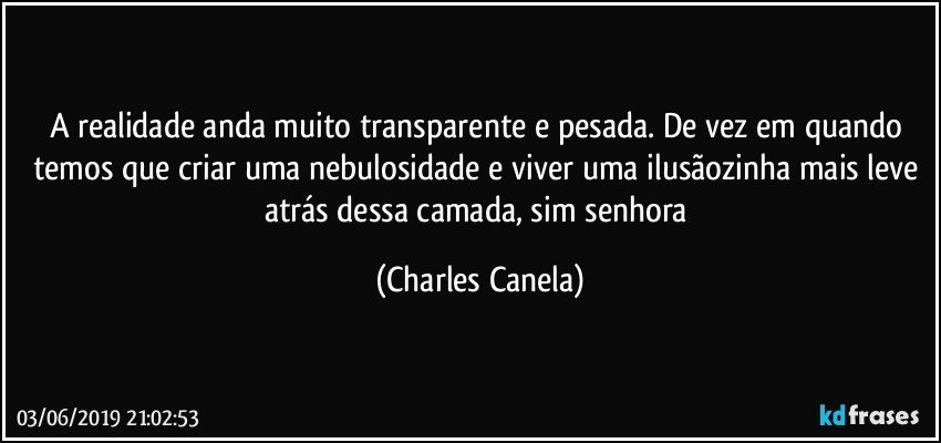 A realidade anda muito transparente e pesada. De vez em quando temos que criar uma nebulosidade e viver uma ilusãozinha mais leve atrás dessa camada, sim senhora (Charles Canela)