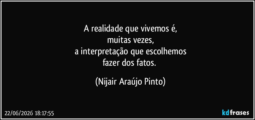 A realidade que vivemos é,
muitas vezes,
a interpretação que escolhemos
fazer dos fatos. (Nijair Araújo Pinto)