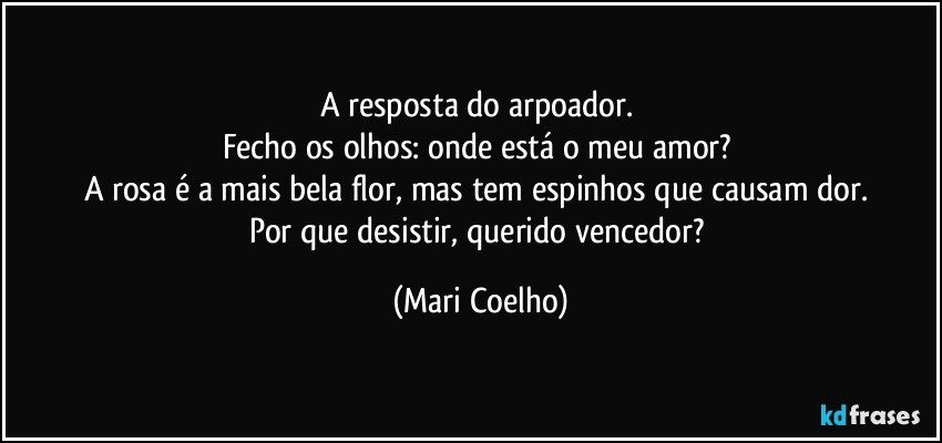 A resposta do arpoador. 
Fecho os olhos: onde está o meu amor? 
A rosa é a mais bela flor, mas tem espinhos que causam dor. 
Por que desistir, querido vencedor? (Mari Coelho)
