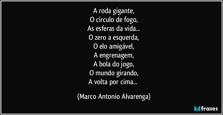 A roda gigante,
O círculo de fogo,
As esferas da vida...
O zero a esquerda,
O elo amigável,
A engrenagem,
A bola do jogo,
O mundo girando,
A volta por cima... (Marco Antonio Alvarenga)