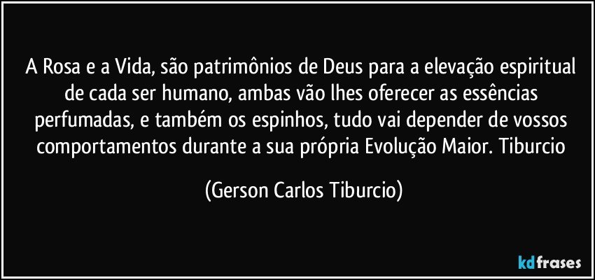 A Rosa e a Vida, são patrimônios de Deus para a elevação espiritual de cada ser humano, ambas vão lhes oferecer as essências perfumadas, e também os espinhos, tudo vai depender de vossos comportamentos durante a sua própria Evolução Maior. Tiburcio (Gerson Carlos Tiburcio)