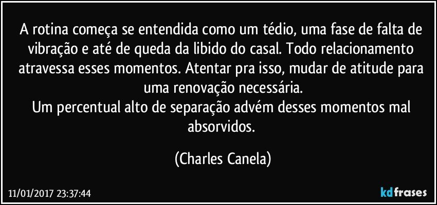 A rotina começa se entendida como um tédio, uma fase de falta de vibração e até de queda da libido do casal. Todo relacionamento atravessa esses momentos. Atentar pra isso, mudar de atitude para uma renovação necessária.
Um percentual alto de separação advém desses momentos mal absorvidos. (Charles Canela)