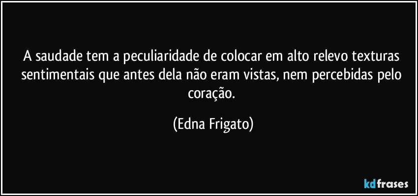 A saudade tem a peculiaridade de colocar em alto relevo texturas sentimentais que antes dela não eram vistas, nem percebidas pelo coração. (Edna Frigato)