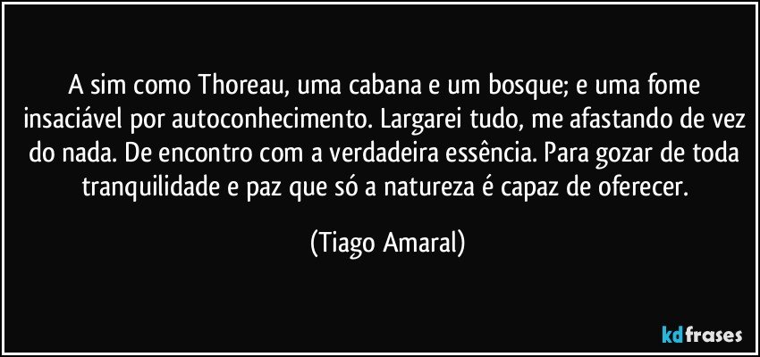 A sim como Thoreau, uma cabana e um bosque; e uma fome insaciável por autoconhecimento. Largarei tudo, me afastando de vez do nada. De encontro com a verdadeira essência. Para gozar de toda tranquilidade e paz que só a natureza é capaz de oferecer. (Tiago Amaral)