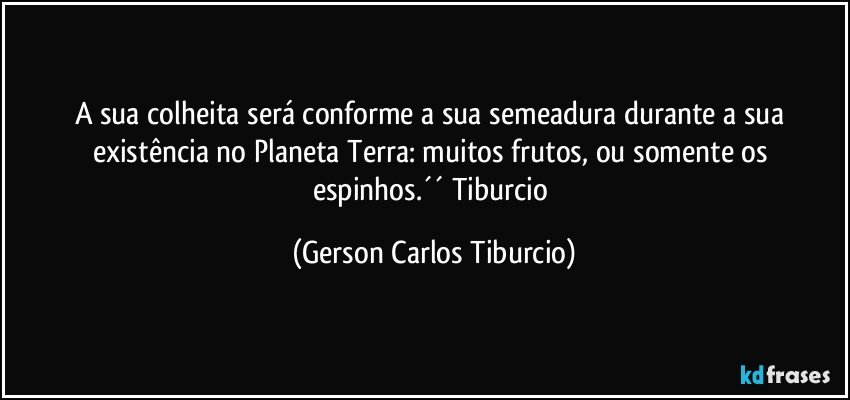 A sua colheita será conforme a sua semeadura durante a sua existência no Planeta Terra: muitos frutos, ou somente os espinhos.´´ Tiburcio (Gerson Carlos Tiburcio)