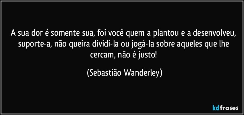 A sua dor é somente sua, foi você quem a plantou e a desenvolveu, suporte-a, não queira dividi-la ou jogá-la sobre aqueles que lhe cercam, não é justo! (Sebastião Wanderley)