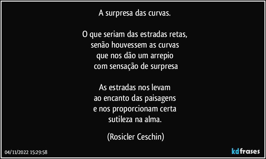 A surpresa das curvas. 

O que seriam das estradas retas, 
senão houvessem as curvas 
que nos dão um arrepio 
com sensação de surpresa

As estradas nos levam 
ao encanto das paisagens 
e nos proporcionam certa 
sutileza na alma. (Rosicler Ceschin)