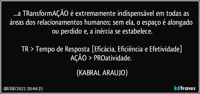 ...a TRansformAÇÃO é extremamente indispensável em todas as áreas dos relacionamentos humanos; sem ela, o espaço é alongado ou perdido e, a inércia se estabelece.

TR > Tempo de Resposta [Eficácia, Eficiência e Efetividade]
AÇÃO > PROatividade. (KABRAL ARAUJO)