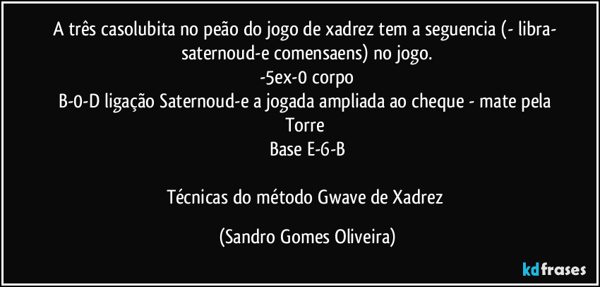 A três casolubita no peão do jogo de xadrez tem a seguencia (- libra- saternoud-e comensaens) no jogo.
-5ex-0 corpo
B-0-D  ligação Saternoud-e a jogada ampliada ao cheque - mate pela Torre 
Base E-6-B

Técnicas do método Gwave de Xadrez (Sandro Gomes Oliveira)