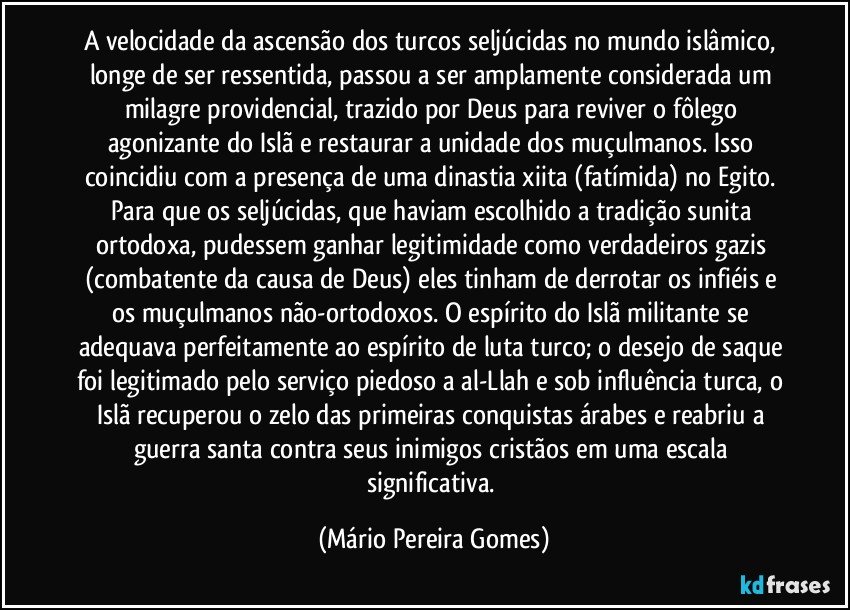 A velocidade da ascensão dos turcos seljúcidas no mundo islâmico, longe de ser ressentida, passou a ser amplamente considerada um milagre providencial, trazido por Deus para reviver o fôlego agonizante do Islã e restaurar a unidade dos muçulmanos. Isso coincidiu com a presença de uma dinastia xiita (fatímida) no Egito. Para que os seljúcidas, que haviam escolhido a tradição sunita ortodoxa, pudessem ganhar legitimidade como verdadeiros gazis (combatente da causa de Deus) eles tinham de derrotar os infiéis e os muçulmanos não-ortodoxos. O espírito do Islã militante se adequava perfeitamente ao espírito de luta turco; o desejo de saque foi legitimado pelo serviço piedoso a al-Llah e sob influência turca, o Islã recuperou o zelo das primeiras conquistas árabes e reabriu a guerra santa contra seus inimigos cristãos em uma escala significativa. (Mário Pereira Gomes)