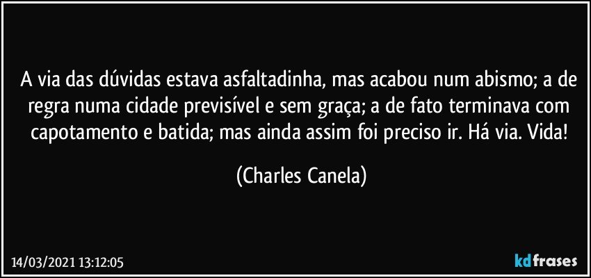 A via das dúvidas estava asfaltadinha, mas acabou num abismo; a de regra numa cidade previsível e sem graça; a de fato terminava com capotamento e batida; mas ainda assim foi preciso ir. Há via. Vida! (Charles Canela)