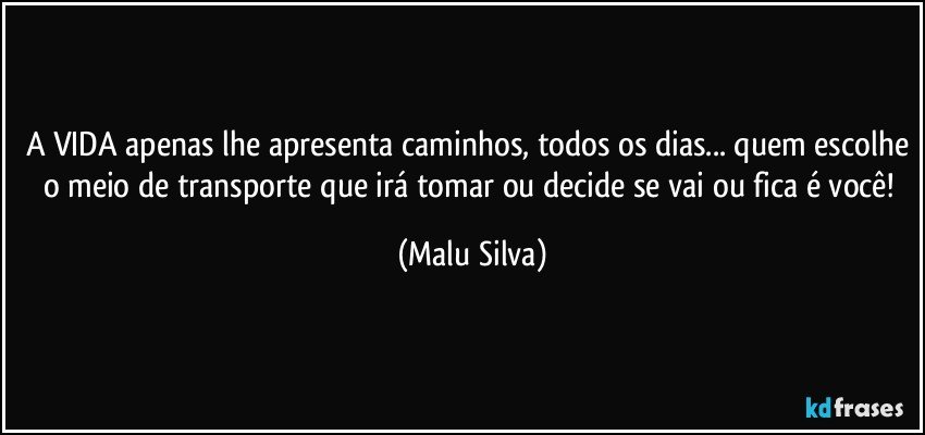 A VIDA apenas lhe apresenta caminhos, todos os dias... quem escolhe o meio de transporte que irá tomar ou decide se vai ou fica é você! (Malu Silva)