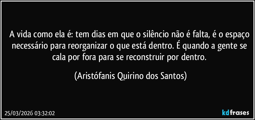 A vida como ela é: tem dias em que o silêncio não é falta, é o espaço necessário para reorganizar o que está dentro. É quando a gente se cala por fora para se reconstruir por dentro. (Aristófanis Quirino dos Santos)