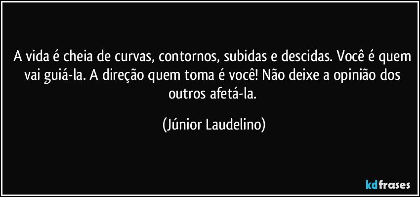 A vida é cheia de curvas, contornos, subidas e descidas. Você é quem vai guiá-la. A direção quem toma é você! Não deixe a opinião dos outros afetá-la. (Júnior Laudelino)