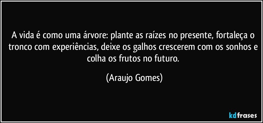 A vida é como uma árvore: plante as raízes no presente, fortaleça o tronco com experiências, deixe os galhos crescerem com os sonhos e colha os frutos no futuro. (Araujo Gomes)