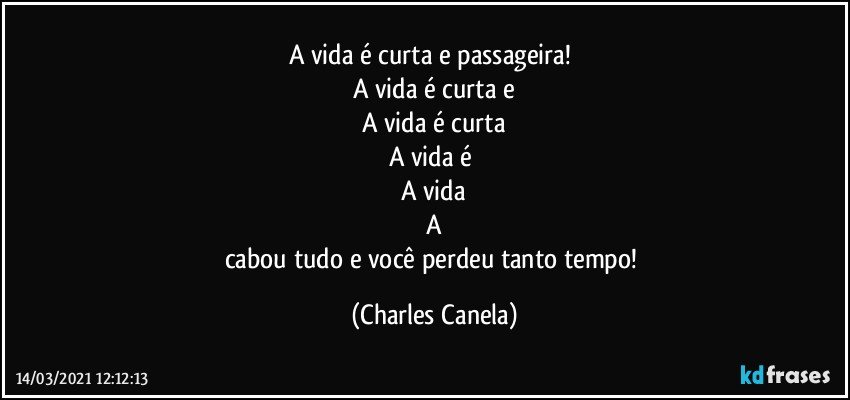 A vida é curta e passageira! 
A vida é curta e
A vida é curta
A vida é 
A vida
A
cabou tudo e você perdeu tanto tempo! (Charles Canela)