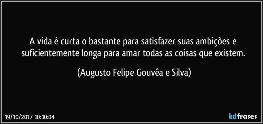 A vida é curta o bastante para satisfazer suas ambições e suficientemente longa para amar todas as coisas que existem. (Augusto Felipe Gouvêa e Silva)