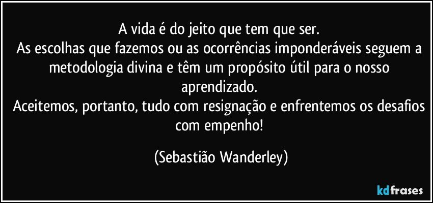A vida é do jeito que tem que ser. 
As escolhas que fazemos ou as ocorrências imponderáveis seguem a metodologia divina e têm um propósito útil para o nosso aprendizado. 
Aceitemos, portanto, tudo com resignação e enfrentemos os desafios com empenho! (Sebastião Wanderley)