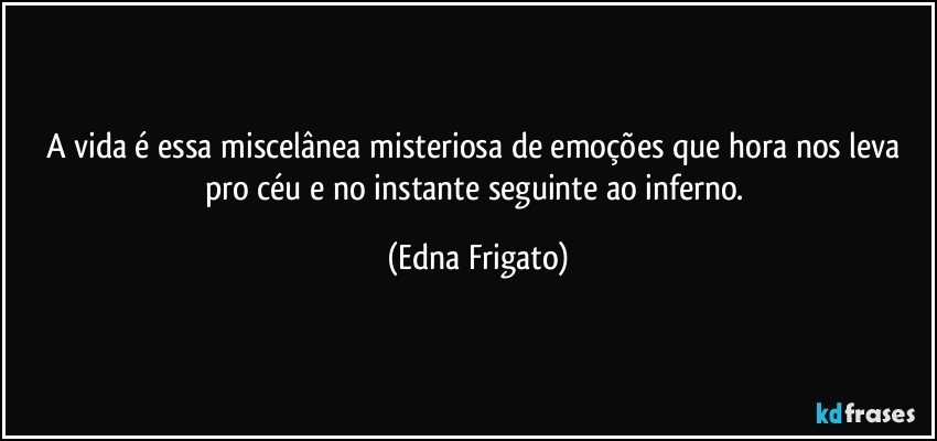 A vida é essa miscelânea misteriosa de emoções que hora nos leva pro céu e no instante seguinte ao inferno. (Edna Frigato)