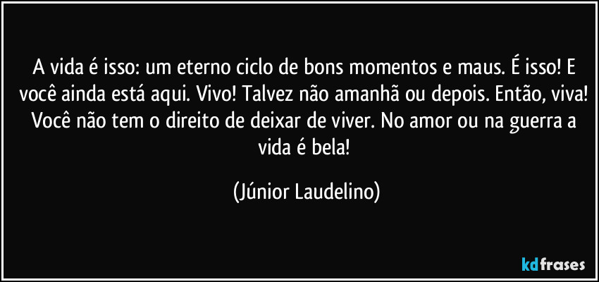 A vida é isso: um eterno ciclo de bons momentos e maus. É isso! E você ainda está aqui. Vivo! Talvez não amanhã ou depois. Então, viva! Você não tem o direito de deixar de viver. No amor ou na guerra a vida é bela! (Júnior Laudelino)